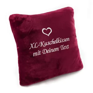 Kuschelkissen mit Namen XL-Größe, flauschig plüsch, Schmusekissen personalisiert mit Text und Herz Stickerei, romantisches Geschenk für Mädchen, Frau, Freundin, Geburtstag, Weihnachten (bordeaux)