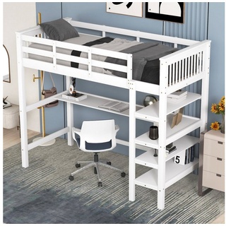Merax Hochbett mit Schreibtisch und Bücherregal Etagenbett 90x200 cm mit Trittleiter, Kinderbett aus Kiefer weiß