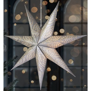BRUBAKER LED Stern 60 cm Papier Weihnachtsstern zum Aufhängen - LED Adventsstern, Hängender Leuchtstern - Beleuchtbar mit Batterie, LED fest integriert, Warmweiß, Weihnachtsdeko für Fenster - 3D Papierstern mit Timer-Funktion silberfarben