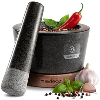 madeco Mörser mit Stößel Granit auf Holzsockel Nussbaum Ø 14,5 cm - Perfekt geeignet für Gewürze, Kräuter & Nüsse - Steinmörser Set - Design Granit Mörser & Stößel groß