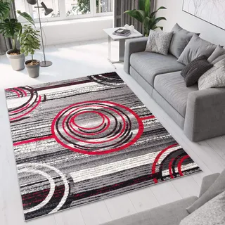 TAPISO Dream Teppich Wohnzimmer Schlafzimmer Kurzflor Modern Meliert Grau Creme Rot Kreise Streifen Design ÖKOTEX 180 x 250 cm