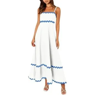 COALHO Spaghetti Strap Dresses for Women 2024 Summer Beach Color Block Smocked Tiered Skirt Maxi Dresses (Blue + White-07,M)