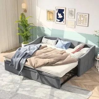 Tagesbett 90x200 cm mit Ausziehbett, Grau – 3-in-1 Schlafsofa & Gästebett, Ausziehbar zum Doppelbett, Samt, Gepolstertes Funktionsbett mit Lattenro