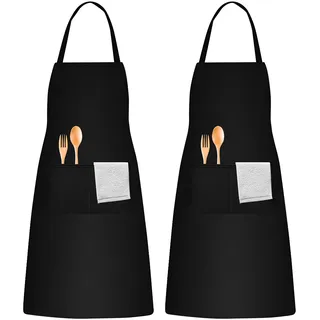 KYSUN 2 Stück Schürze Schwarz, Schürze Unisex, Schürzes mit 2 Taschen, Schürzes Verstellbar, Baumwoll Polyester Schürzes für Küche Grill Restaurant Kaffee Köche Gartenarbeit - 56 * 75 cm