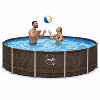 HAF Framepool Frame Pool Aufstellpool Schwimmbecken Grau Rattan rund 366 x 91 cm (Vollständiges Komplett Set mit Rahmen und Folie, Einfacher, schneller & unkomplizierter Aufbau), Lieferumfang OHNE Filter oder Pumpe grau Ø 366 cm x 91 cm