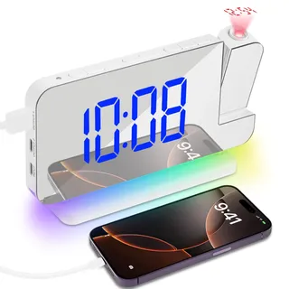 Adiwo Projektionswecker, Wecker mit Projektion LED Bildschirm, USB-C-Anschluss, Einstellbare Helligkeit Alarmlautstärke, für Schlafzimmer, Decke, Wand, Haus, Kinder, Senioren