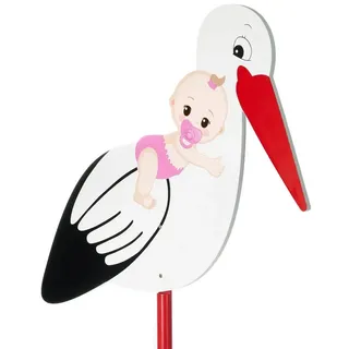 BRUBAKER Gartenstecker 100 cm großer Holz Storch mit Mädchen (1-St., Geburtsgeschenk Babystorch) Klapperstorch zum Stecken für Innen und Außen rosa|weiß