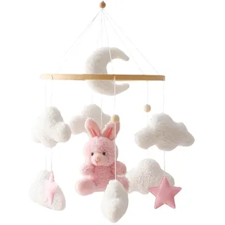 Uixxducc Mobile Baby Windspiele, Babybett Mobile 3D Bär Hase Kaninchen Wolken, Kinderzimmer Hängende Bettglocke, Neugeborenen Geschenk für Baby Jungen und Mädchen (Rosa Hase)