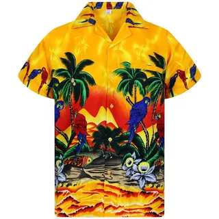 King Kameha Hawaiihemd Parrot Funky Hawaii-Hemd Herren Kurzarm Front-Tasche Stylish Unisex gelb 6XL