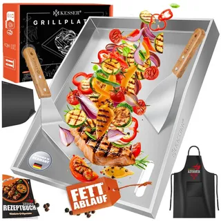 KESSER Grillplatte Plancha aus Edelstahl hitzebeständig bis 800°C (inklusive 2 Spatel, Grillschürze, Grillmatte & Rezeptbuch), Grill Platte für Gas- & Holzkohlegrill mit Fettablauf & Anti-Stick silberfarben Plancha