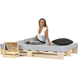 Lermowood Palettenbett M1 aus Holz 180 x 200 cm Natur mit Lattenrost Holzbett 20cm Stabiles Seniorenbett Kinderbett Jugendbett Gästebett erhöhtes Einzelbett Bettgestell Futonbett Komforthöhe Naturholz