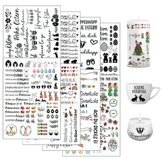 Kerzentattoo Kerzensticker, 8 Stück Ostern Kerzentatoo, Kerzenfolie Frühling, Kerzentattoo Frohe Ostern, Osterhase Wasserschiebefolie, für Kerze Tasse DIY Geschenk,Kerzen Dekorieren,Kerzensprüche
