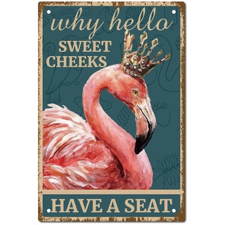 CREATCABIN Flamingo Vintage Schild Metall Blechschild Wandkunst Dekor Why Hello Sweet Cheeks Retro Gemälde Poster Plakette Dekor Für Badezimmer Küche Café Wand Halloween 30x20cm