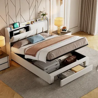 Polsterbett Doppelbett 140x200, Hydraulisch Stauraumbett mit 2 Schubladen und Lattenrost, Staufach-Kopfteil mit LED Beleuchtung und USB-Anschlüssen, Jugendbett Bettgestell aus Massivholz und Samt