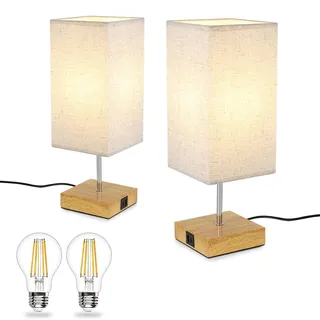 GBLY Nachttischlampe 2er set Dimmbar: Tischlampe Touch mit USB Vintage Tischleuchte mit Ladefunktion E27 Aufladbar Nachtlicht Licht mit Stoff Lampenschirm für Wohnzimmer Schlafzimmer Bedside