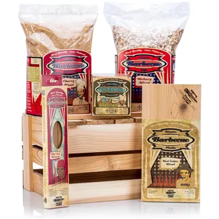 Axtschlag Räucherprofi BBQ Set | Geschenk Set zum Grillen, Smoken&Räuchern | Grillzubehör Set | 3 Grillbretter Zedernholz, Räucherchips Hickory, Räucherbox, Räuchermehl Kirsche&Grillspieße