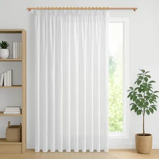 MRTREES Extra Breite Gardinen Leinenoptik Halbtransparent für Große Fenster Wohnzimmer, Vorhang Weiß Kräuselband 1 Stück 240 cm Lang 300 cm Breit Vorhänge Weiss für Schienen Leinen Schlafzimmer
