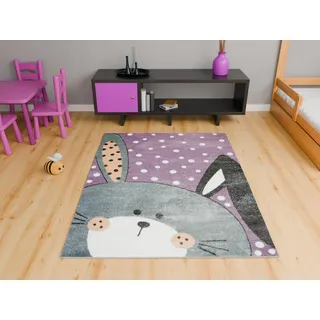AKCILA Lima Kinderteppich Lila Grau mit Hase und Punkten 140x190 cm | Teppich für Kinderzimmer, niedliches Hasenmotiv in Pastellfarben, süßer Teppich für das Kinderzimmer mit Fußbodenheizung