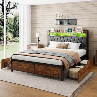Bett Mit Schubladen 140x200 Cm Im Industrial-stil, Bettgestell Mit 4 Schubladen, Rgb-led Und Eu-steckdosen, Stahl/holz, Schwarz