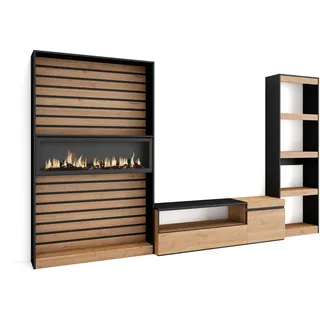Skraut Home | Wohnwand Wohnzimmer | Wohnzimmermöbel, Möbelset | 320x186x35cm | Elektrokamin. Maße | Moderner Stil | Eiche Schwarz
