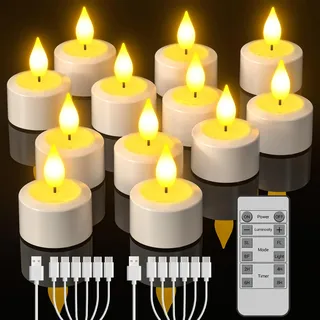 Yme 12er Set LED Teelichter Wiederaufladbar mit Timer, Elektrische LED Kerzen Aufladbar Flackernd Dimmbar mit Fernbedienung und USB-C Ladekabel für Zuhause Zimmer Halloween Weihnachten Party Deko