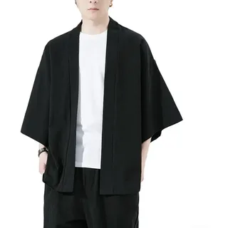 Herren Sommer 3/4 Ärmel Cardigan Hemd mit Leinenmischgewebe im japanischen Kimono Stil für Freizeit und Alltag (L Schwarz)