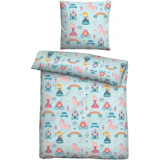 Biberna Bettwäsche kleine Prinzessin, Feinbiber, 2 teilig, wohlig warm + weich, pflegeleicht, aus 100% Baumwolle, Reißverschluss blau