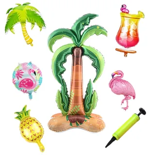 SSKHE Deko-Set, tropisch, komplett, gigantischer Kokosnussbaum, 180 cm, freistehend, Luftpumpe, 5 Luftballons aus Aluminiumfolie, thematisch, Hawaii, für Geburtstage, Hochzeiten & tropische Sommer
