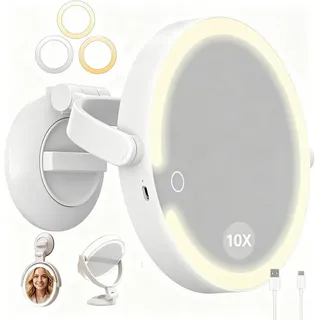 OYLCDI Schminkspiegel Kosmetikspiegel Schminkspiegel mit Beleuchtung und Saugnapf (1x/10x Doppelseitiger Kosmetikspiegel, wiederaufladbar über Type‐C, 3 Lichtfarben stufenlos dimmbar, 360° drehbar), Tisch‐/Hand‐/Wandspiegel für Bad und Reise, 7 Zoll weiß