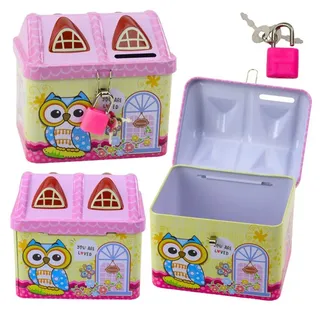 LEAN TOYS Spardose LeanToys Metall Spardose Eule Haus Vorhängeschloss Schlüssel Rosa