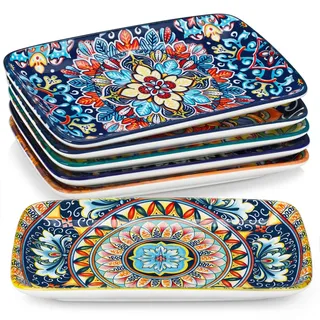 Sushi-Platte Set, vancasso 6-tlg rechteckiges Servierplatten, Geschirr Servierteller aus Porzellan, böhmischer Stil - Bunt
