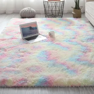 VanderHOME Rechteckig Teppich Weich und Flauschig LangflorModern Teppiche Langer Plüsch-Teppich Dicker Plüschteppich fürs Wohnzimmer Schlafzimmer Teppiche Regenbogen-60 * 120cm