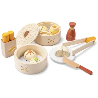 Woet® Holz Dim Sum Spiellebensmittel Set, 23 Teile mit Dämpfkörben, Sojasauce, Teller und Zange, FSC Rollenspiel Kinderküche Zubehör, Lernspielzeug Geschenk für Kinder, Ab 3 Jahren