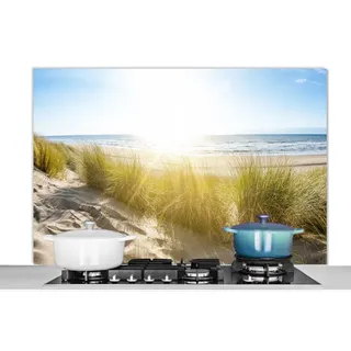 MuchoWow Küchenrückwand Strand - Düne - Sonne - Meer - Sommer, (1-tlg), Spritzschutz Herd Wand, Küchen Deko, 120x80 cm bunt 120 cm x 80 cm