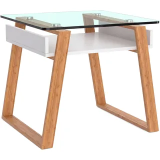 bonVIVO Beistelltisch weiß mit Glas Holz Materialmix | Couchtisch, Sideboard, Wohnzimmertisch - Modern Minimalistisch - Stilvoller Glastisch für Wohnzimmer, Schlafzimmer, Diele