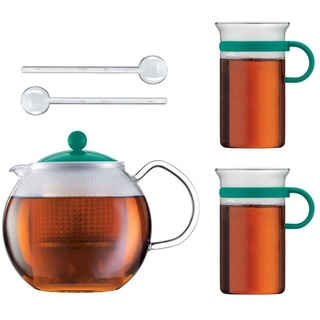 Bodum Teeset Assam - 5-teilig - 1,0l Teebereiter mit 2 0,3 L Glastassen und 2 Kunststofflöffel - Farbe Smaragd - AK1830-XY-Y16-3