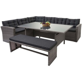 Poly-Rattan-Garnitur MCW-A29, Gartengarnitur Sitzgruppe Lounge-Esstisch-Set Sofa grau, Kissen grau + Bank