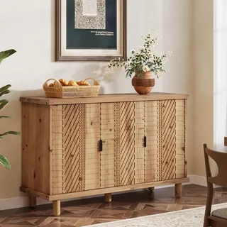 Buffet-Schrank aus Massivholz mit Stauraum, Sideboard im Landhausstil mit 3 Türen und 2 verstellbaren Einlegeböden, für Küche und Eingangsbereich - Braun