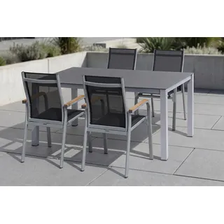 KETTLER Granada Garten-Essgruppe, silber/anthrazit, Alu/Spraystone/Textil, 160x95 cm, 4 Stapelsessel