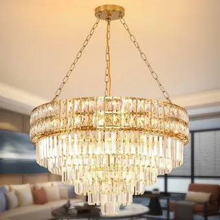 AOOCHOK Moderne Kristall Kronleuchter Gold Finish Leuchte Rund Kristall Hängeleuchte Hängelampe für Wohnzimmer Esszimmer Restaurant E14x15 Ø75cm