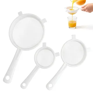 Cheynn 3 Stück Sieb Plastik, Küchensieb Kunststoff Sieb 3 Größen Plastiksieb Mit Haken Kunststoffsieb Feines Sieb für Kefir Saft Tee Kaffee Nussmilch Mehlsieb Spülmaschinenfest