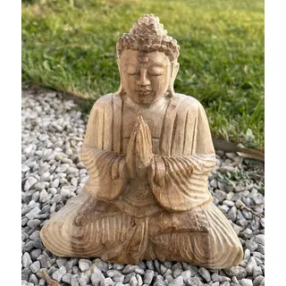 Trintura Buddha Deko Figur 20 cm Statue Anjali Mudra sitzend hoch, Akazien Holz Natur, Buddha Dekofigur Buddha Statue Buddhafigur