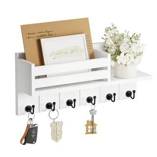 SWTYMIKI Schlüsselbrett mit Ablage - Schlüsselkasten holz mit 6 Haken | Schlüsselbrett mit Regal Enthält Briefhalter, Schlüsselhalter Wand für Wohnzimmer, Küche, Büro, Flur, Schlafzimmer