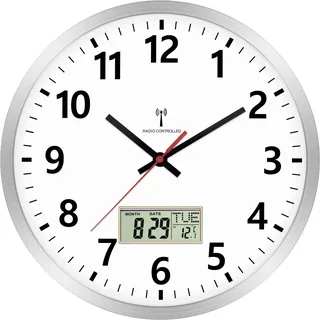 Foxtop Wanduhr Funk Analog 30cm Digitale Wanduhr mit Temperatur und Datum LCD-AnzeigeUhr Funkuhr Wanduhr Lautlos für Küche, Wohnzimmer, Silber