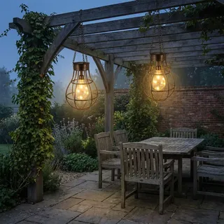 2er-Set Industrielle Solarlampe aus Metall, Pendelleuchte, Haken: (18,5x18,5x27 cm), für Garten, Balkon, Terrasse, Vintage-Look, langlebig