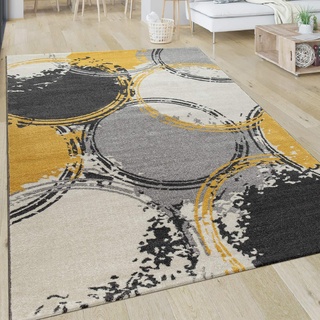 Paco Home Teppich Wohnzimmer Muster Modern Kurzflor Abstrakt Kreise In Gelb Grau Weiß, Grösse:80x300 cm
