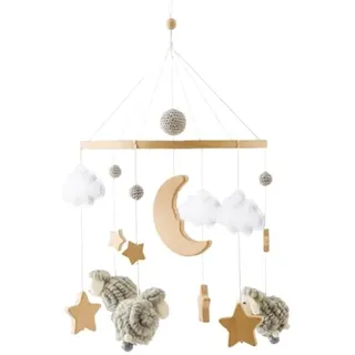 Herfair Mobile Baby Bettglocke mit Sterne Mond Schafe Hölz Mädchen Hängende Mobile Windspiel für Babybett Kinderbett (Schafe Grau)