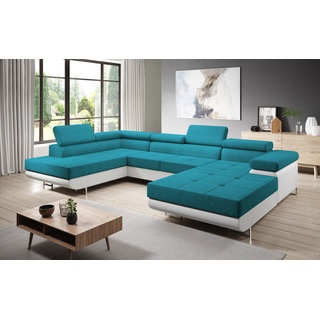 Furnix Wohnlandschaft Zante Couch Schlafsofa U-Sofa mit Schlaffunktion Leder-Optik, Maße BxHxT: 345x90x202 cm, mit Bettkasten, verstellbare Kopfstützen blau