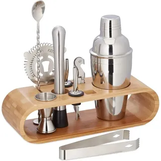 Rhein Beleuchtung Cocktail-Set Cocktail-Shaker Cocktail-Set mit Bambus-Ständer (10-teilig), (Set, 10-tlg., coktailshakerset, cocktail zubehör, bar zubehör), Langlebig, rostbeständig und leicht zu reinigen silberfarben