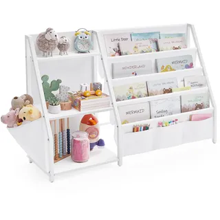 SONGMICS Bücherregal Kinder, Montessori Regal mit Stofftaschen | Spielzeug Aufbewahrung für Kinderzimmer, 108,5 x 30 x 75 cm, Weiß, Teza Kollektion GKR024W01